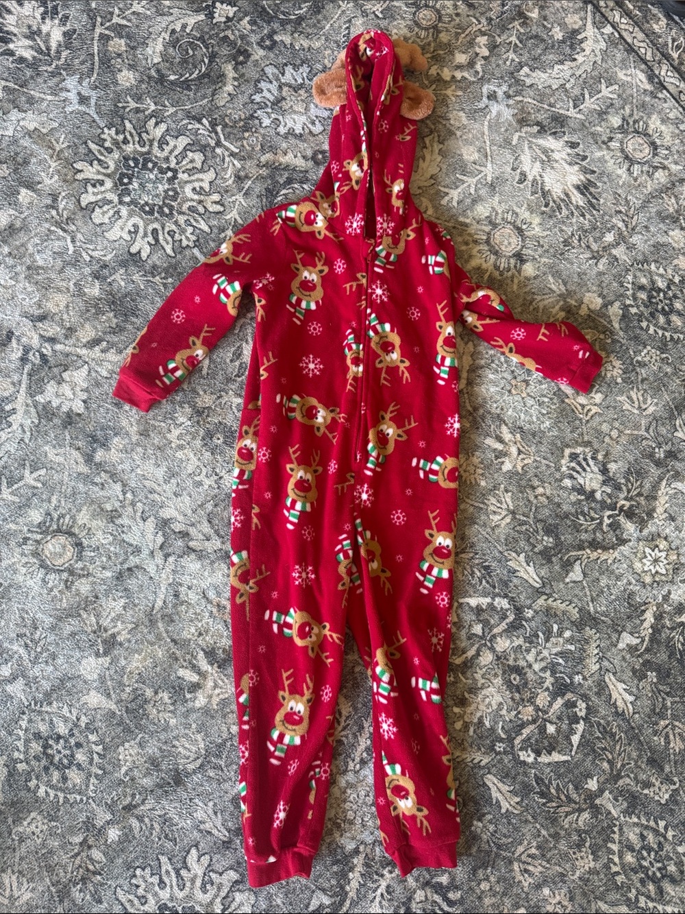 PatPat Red Reindeer Fleece Hooded One-Piece PJs